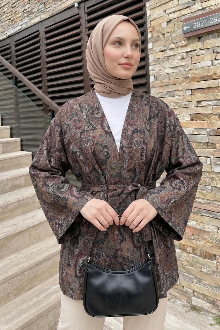Şal Desen Kuşaklı Kimono 2375 - KOYU KAHVE |  