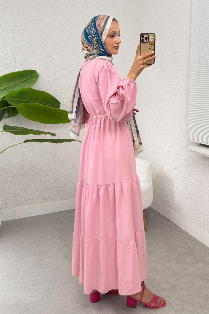 Bel Büzgülü Kat Kat Elbise 2378 - PEMBE |  
