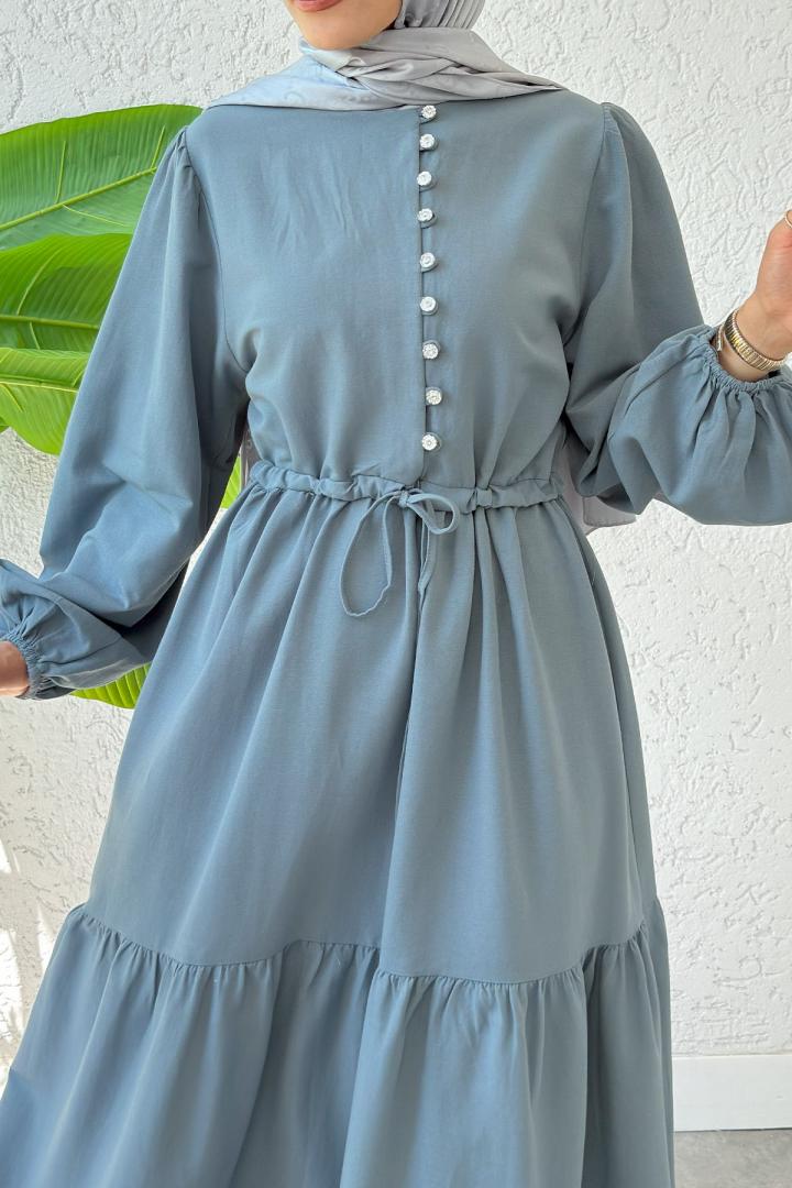 Bel Büzgülü Kat Kat Elbise 2378 - TOZ MAVİ |  