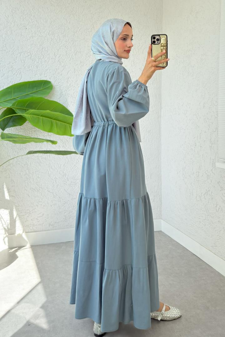 Bel Büzgülü Kat Kat Elbise 2378 - TOZ MAVİ |  