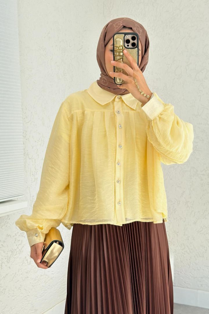 Plise Detaylı Oversize Gömlek 2391 - SARI | Salih Çelebi 