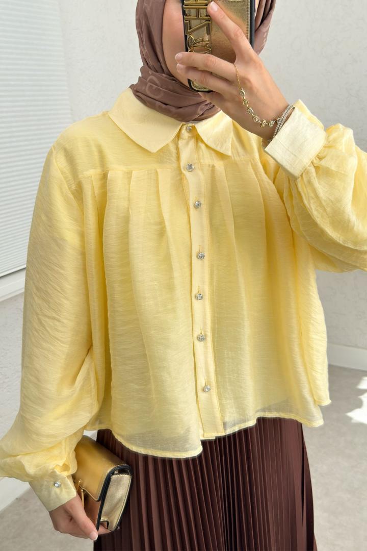 Plise Detaylı Oversize Gömlek 2391 - SARI | Salih Çelebi 