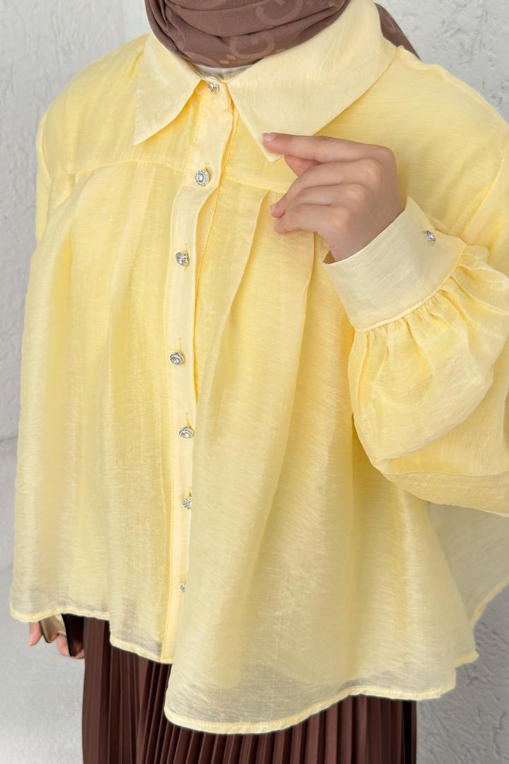 Plise Detaylı Oversize Gömlek 2391 - SARI | Salih Çelebi 