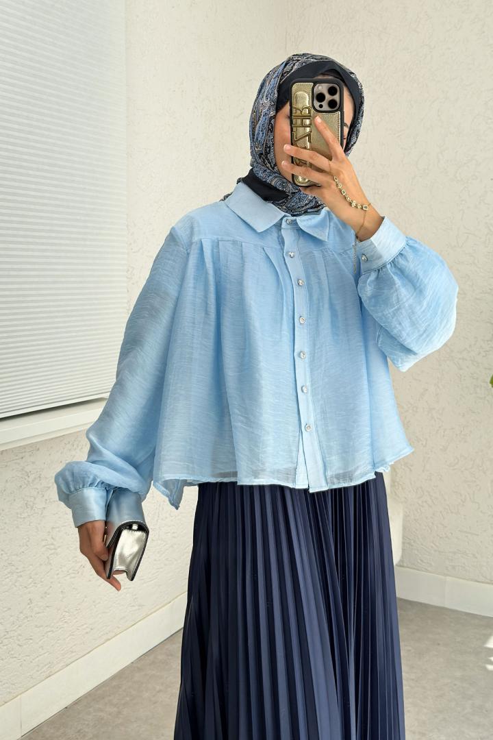 Plise Detaylı Oversize Gömlek 2391 - MAVİ | Salih Çelebi 