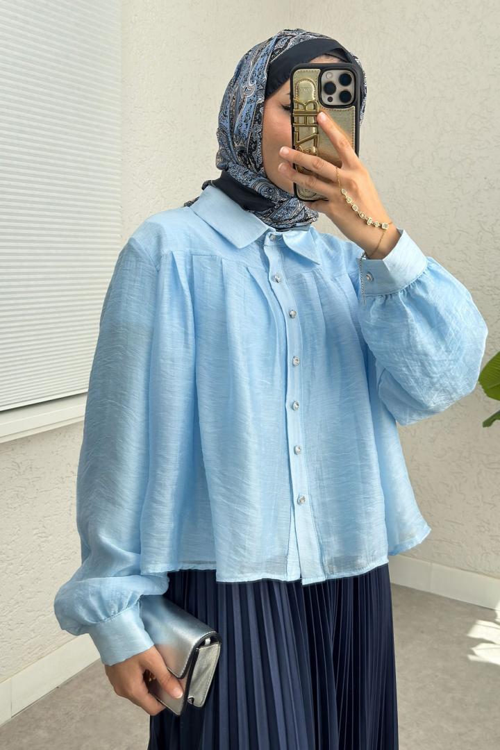 Plise Detaylı Oversize Gömlek 2391 - MAVİ | Salih Çelebi 
