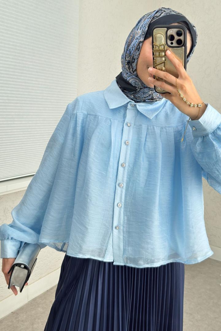 Plise Detaylı Oversize Gömlek 2391 - MAVİ | Salih Çelebi 