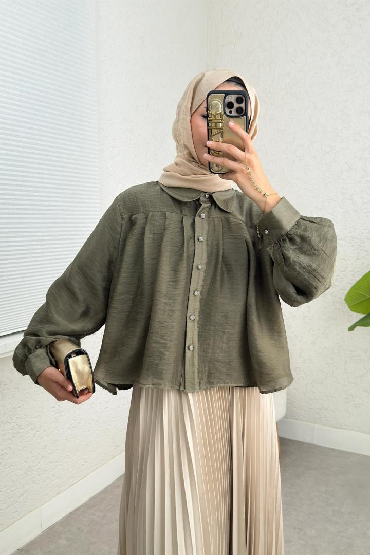 Plise Detaylı Oversize Gömlek 2391 - HAKİ | Salih Çelebi 