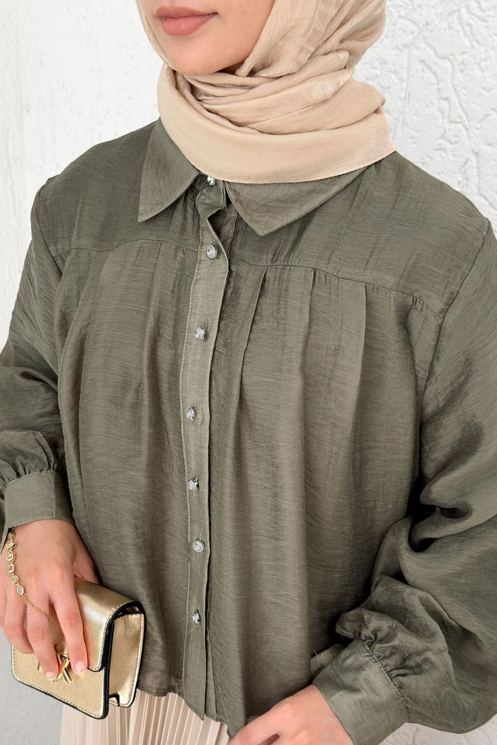 Plise Detaylı Oversize Gömlek 2391 - HAKİ | Salih Çelebi 