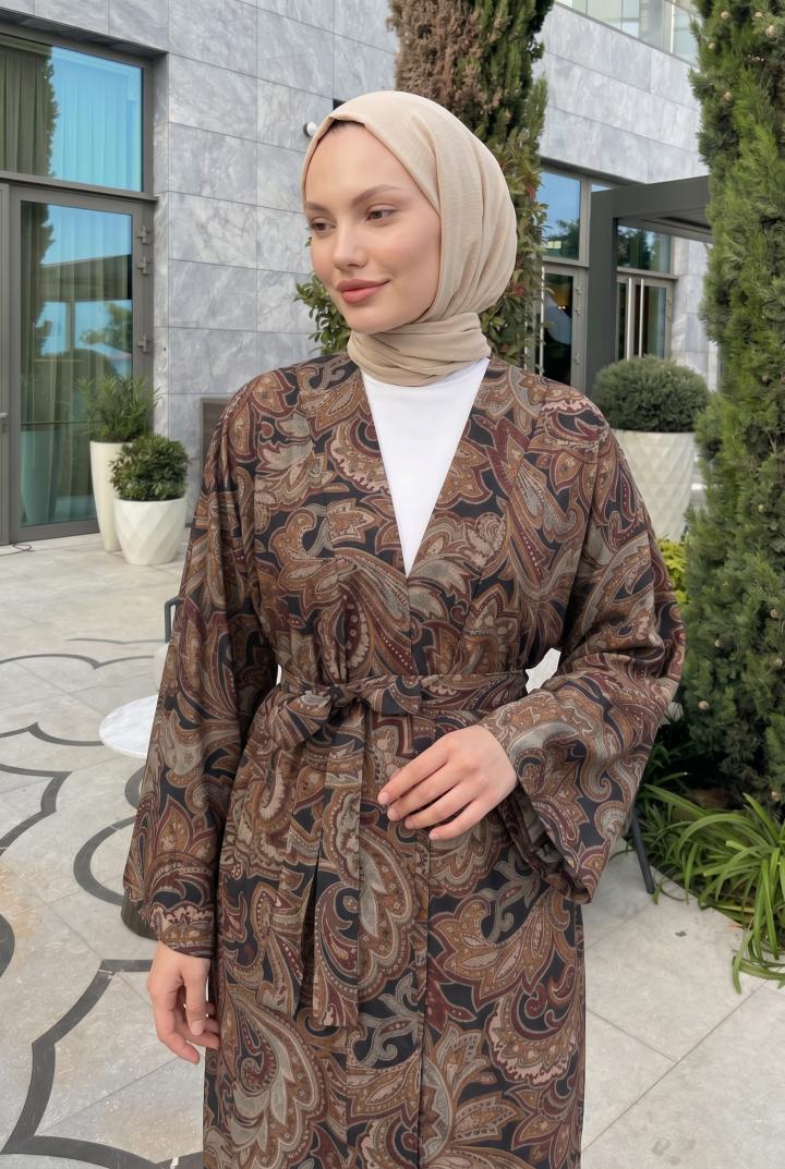 Etnik Desen Uzun Kimono 23961 - KAHVERENGİ |  