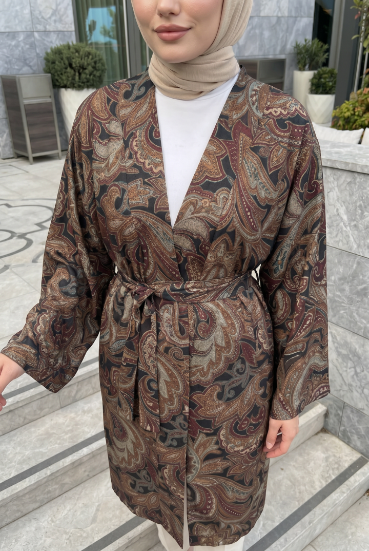 Etnik Desen Uzun Kimono 23961 - KAHVERENGİ |  