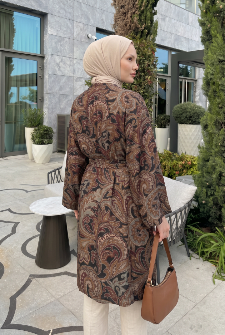 Etnik Desen Uzun Kimono 23961 - KAHVERENGİ |  
