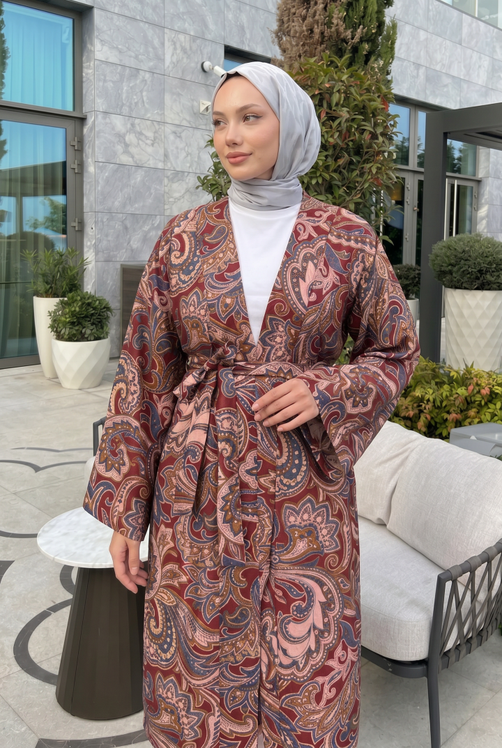Etnik Desen Uzun Kimono 23961 - BORDO |  