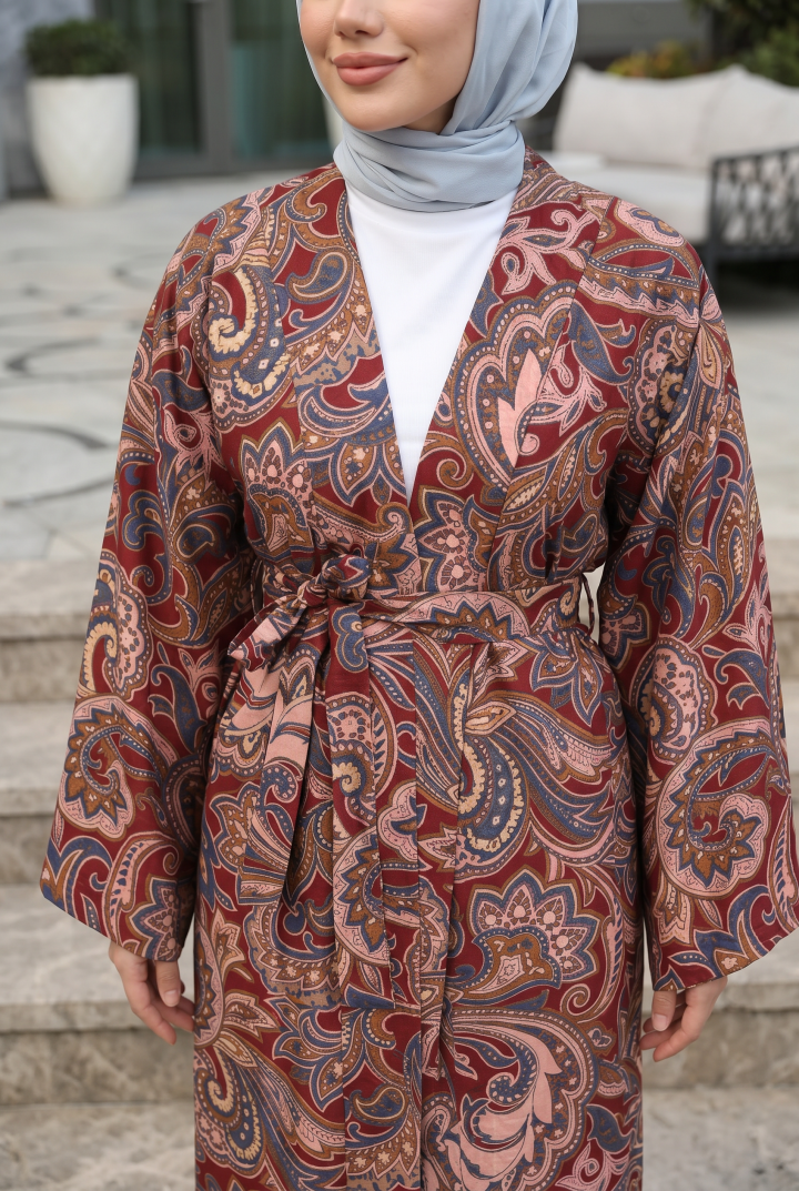 Etnik Desen Uzun Kimono 23961 - BORDO |  