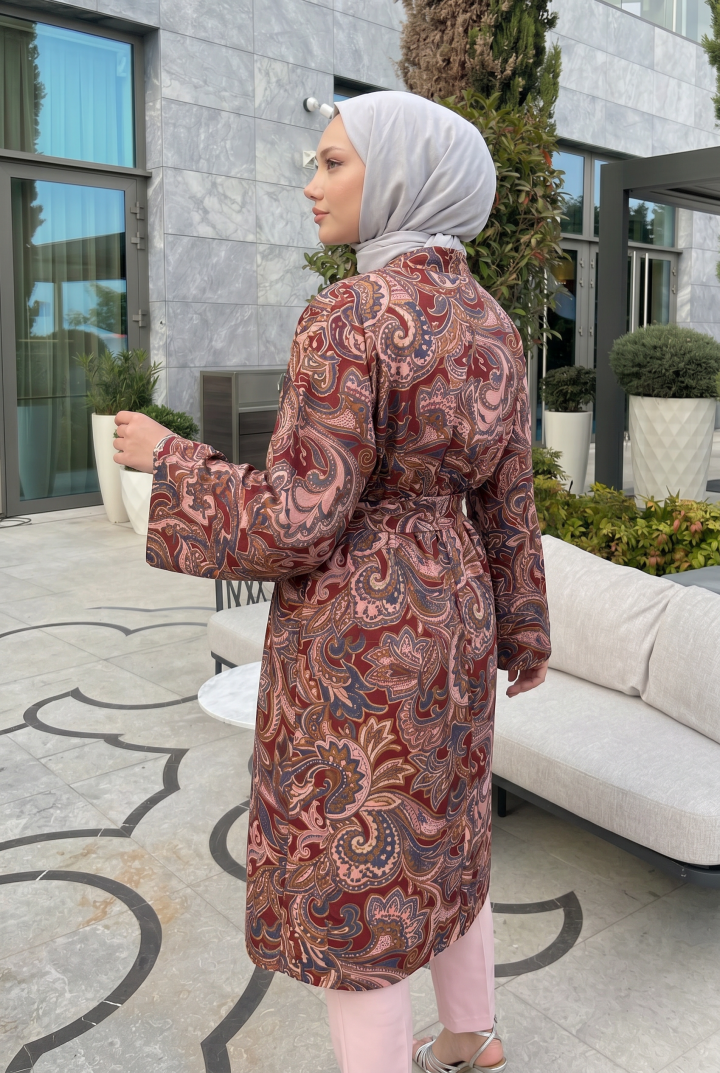 Etnik Desen Uzun Kimono 23961 - BORDO |  