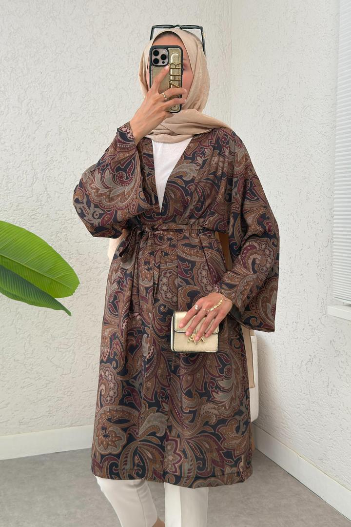 Etnik Desen Uzun Kimono 23961 - KOYU KAHVE | Salih Çelebi 