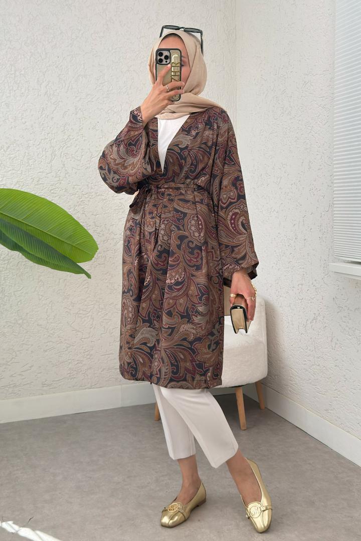 Etnik Desen Uzun Kimono 23961 - KOYU KAHVE | Salih Çelebi 