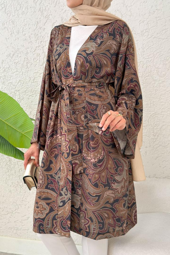 Etnik Desen Uzun Kimono 23961 - KOYU KAHVE | Salih Çelebi 