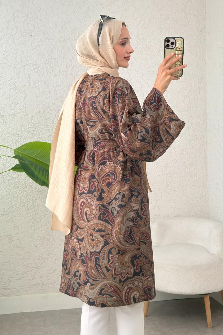 Etnik Desen Uzun Kimono 23961 - KOYU KAHVE | Salih Çelebi 