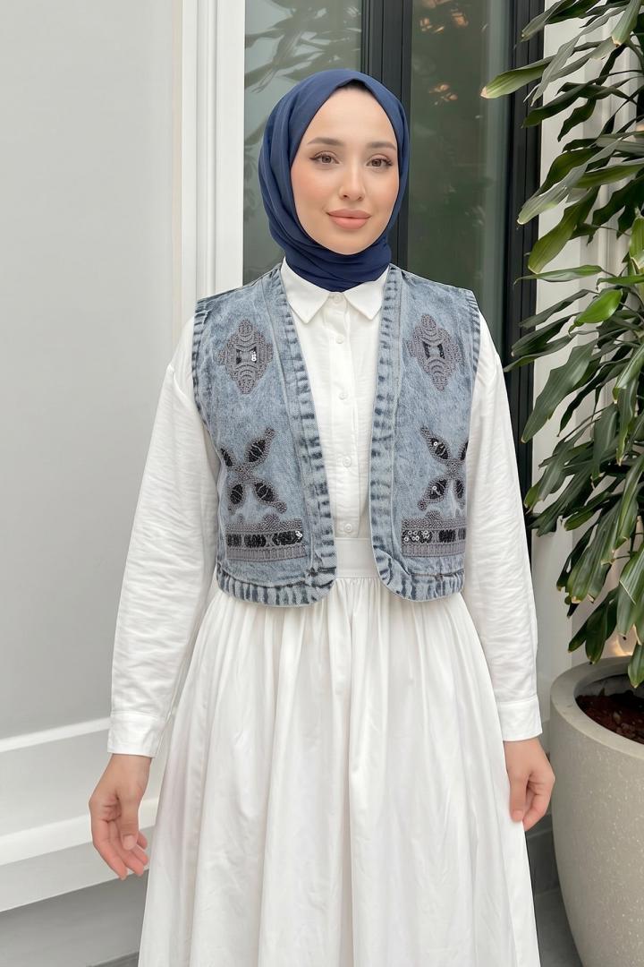 Nakışlı Denim Yelek 92030 - MAVİ |  