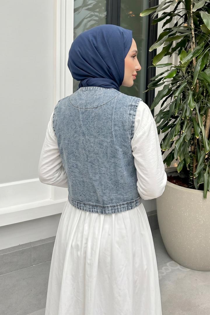 Nakışlı Denim Yelek 92030 - MAVİ |  