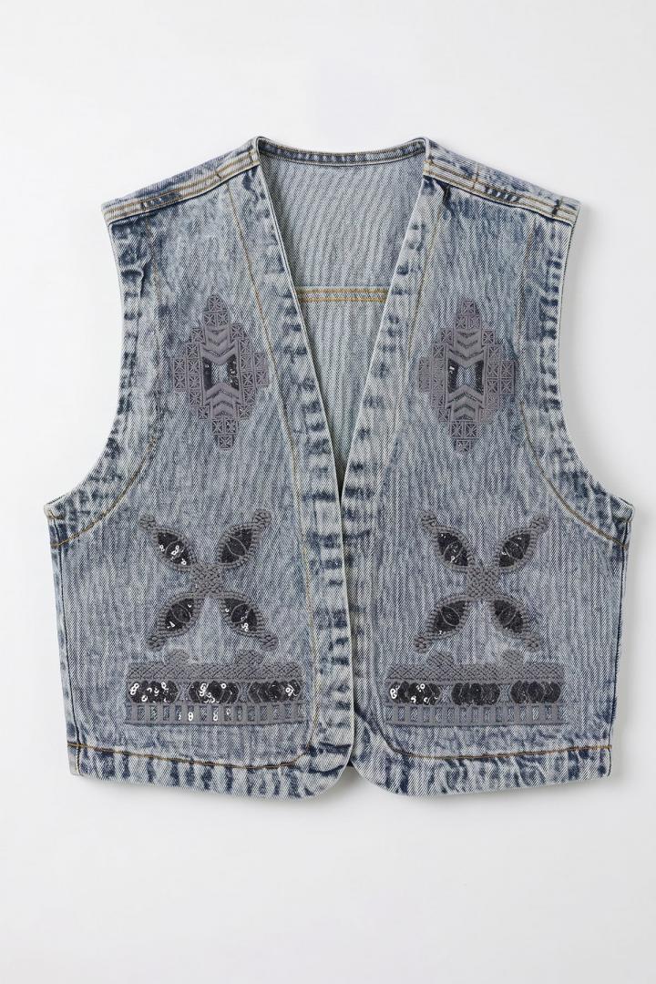 Nakışlı Denim Yelek 92030 - MAVİ |  