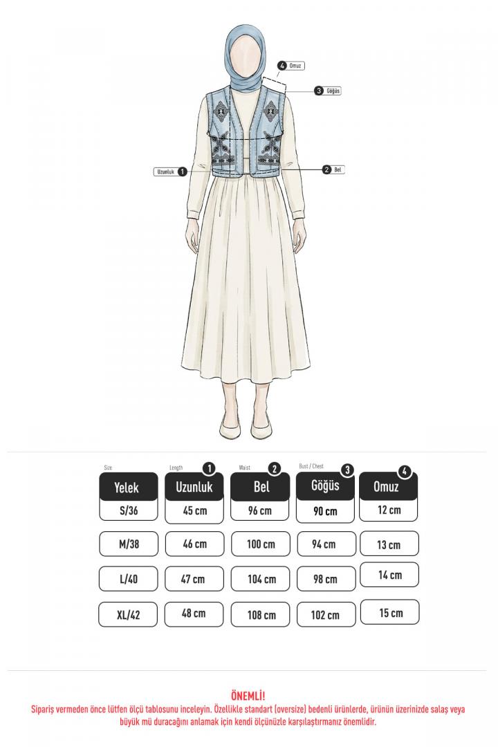 Nakışlı Denim Yelek 92030 - MAVİ |  