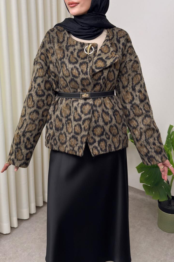 Leopar Desen Kaşe Ceket 2602 - KAHVERENGİ |  