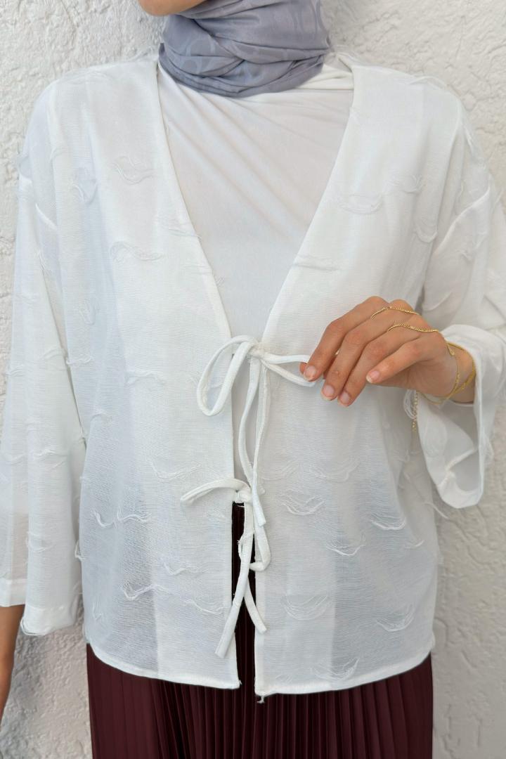 İp Bağcıklı Püsküllü Kimono 2315 - BEYAZ | Salih Çelebi 