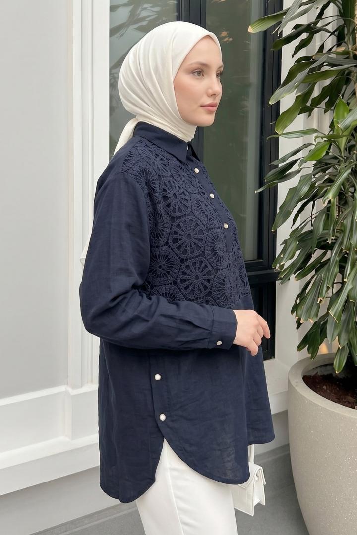 Önü Dantel Detaylı Tunik 61640 - KOYU LACİVERT |  