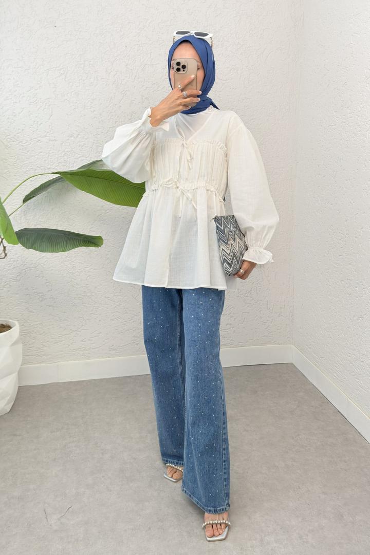 Ön Büzgülü Kimono Tunik 2307 - KREM | Salih Çelebi 