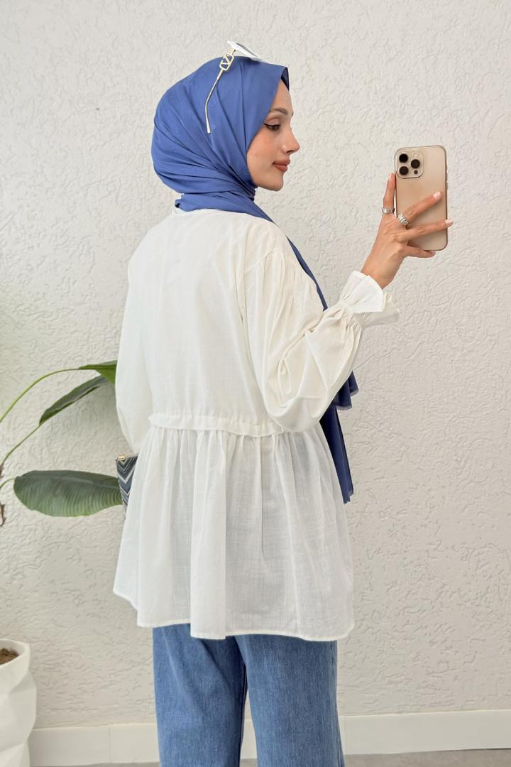 Ön Büzgülü Kimono Tunik 2307 - KREM | Salih Çelebi 