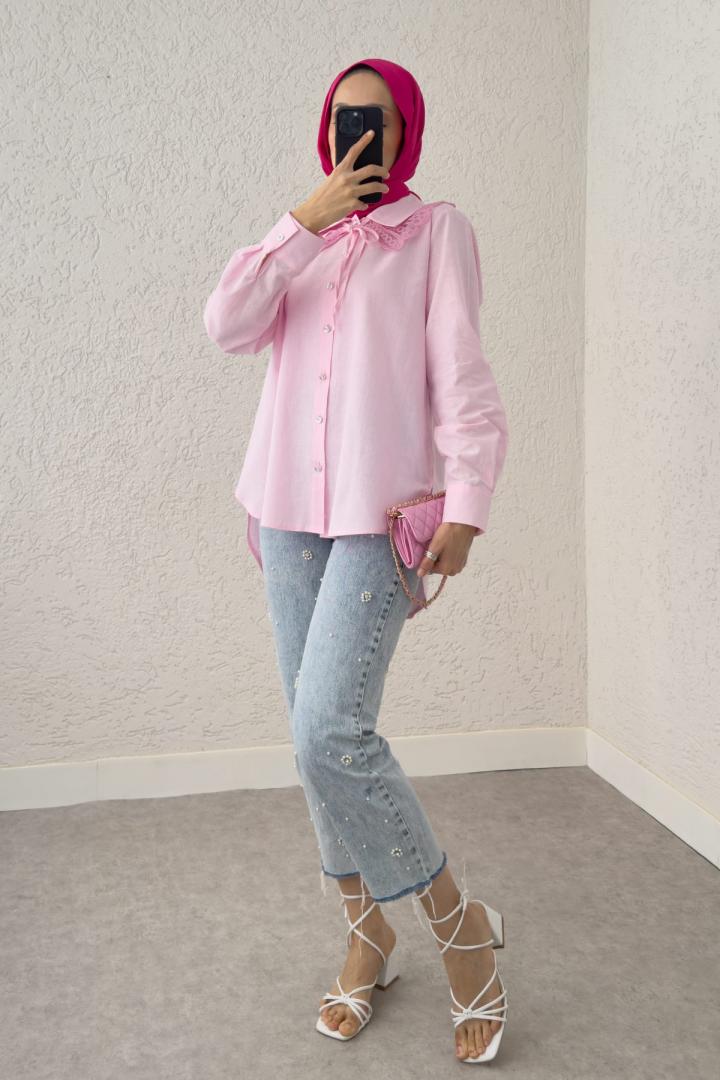 Yakalık Detaylı Gömlek 2214 - PEMBE | Salih Çelebi 