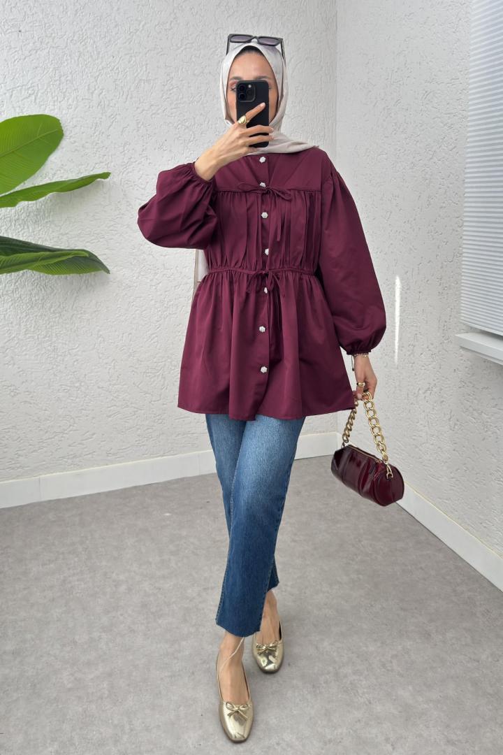 Büzgülü Bağcıklı Tunik 2252 - BORDO | Salih Çelebi 