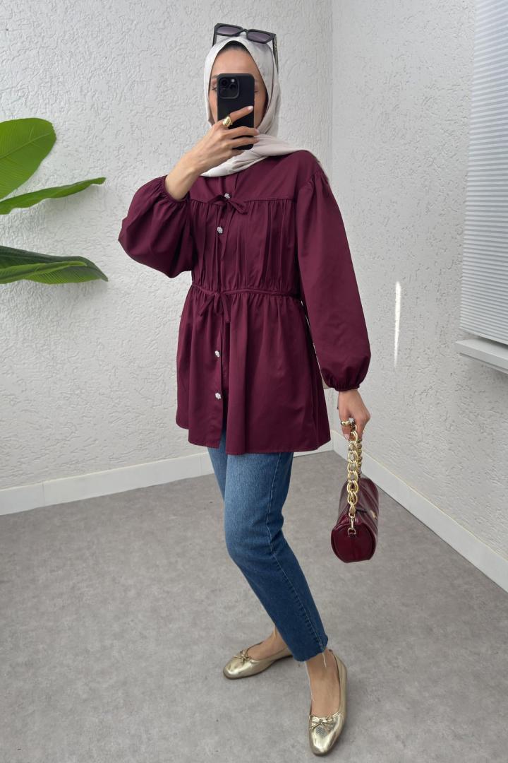 Büzgülü Bağcıklı Tunik 2252 - BORDO | Salih Çelebi 