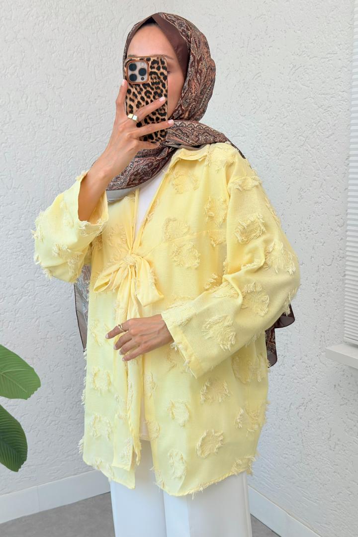 Püskül Detaylı Uzun Kimono 2334 - SARI | Salih Çelebi 