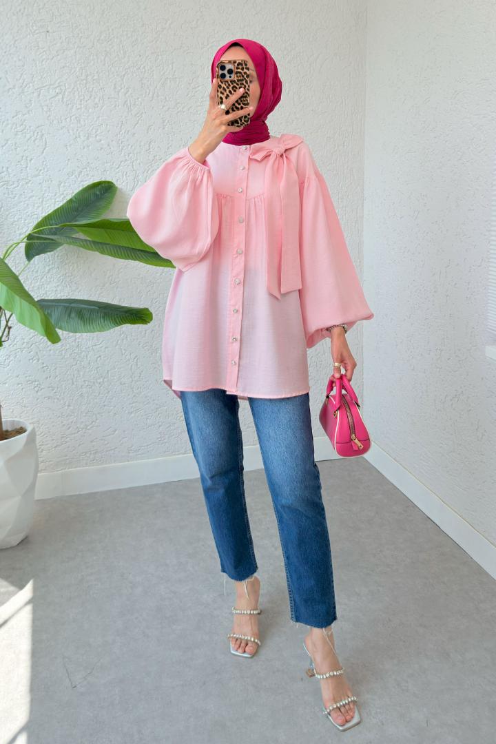 Omuz Fiyonklu Tunik 2327 - PEMBE | Salih Çelebi 