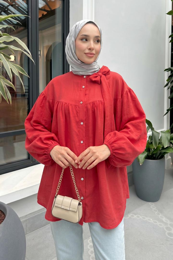 Omuz Fiyonklu Tunik 2327 - KIRMIZI | Salih Çelebi 