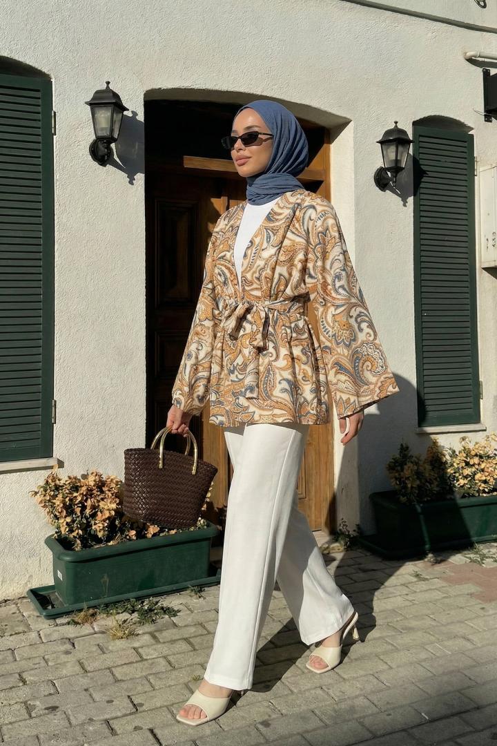 Etnik Desen Kimono 23751 - KREM |  