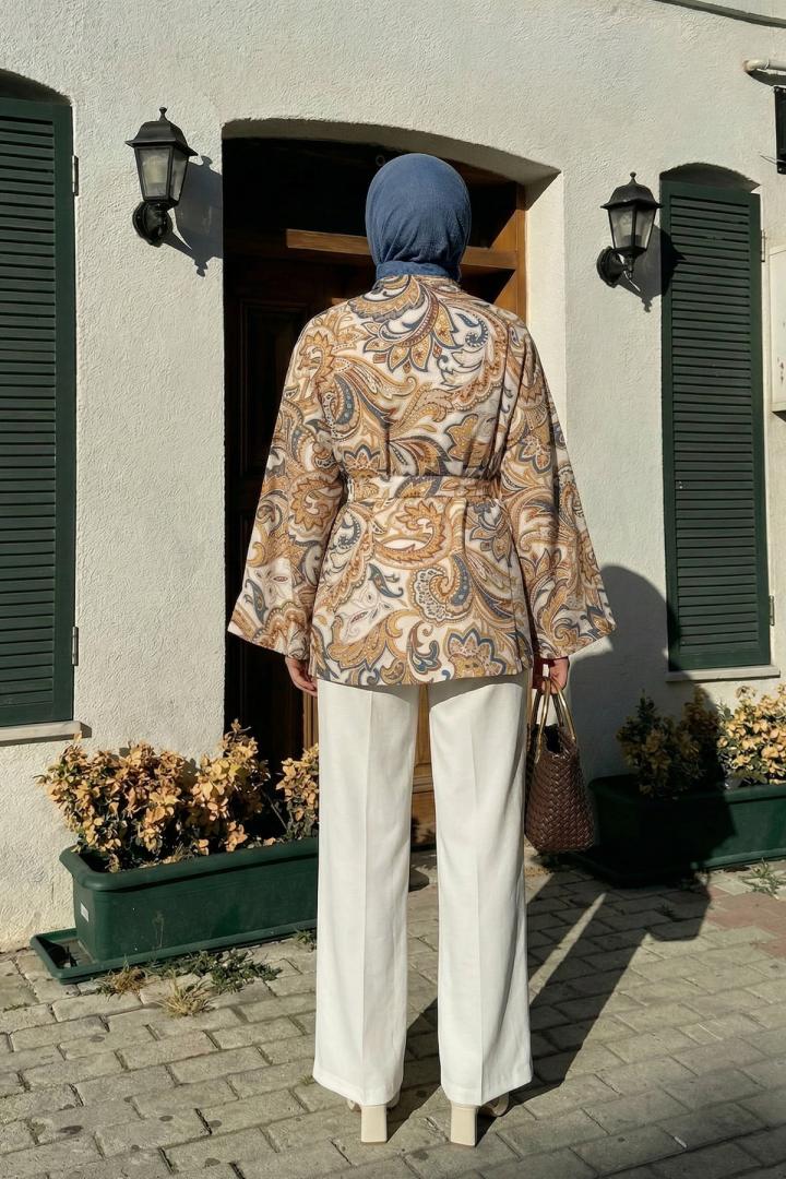 Etnik Desen Kimono 23751 - KREM |  