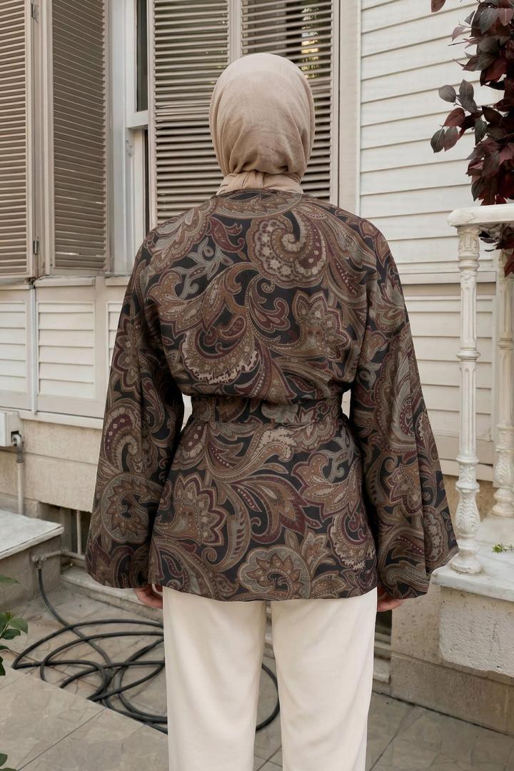 Etnik Desen Kimono 23751 - KAHVERENGİ |  