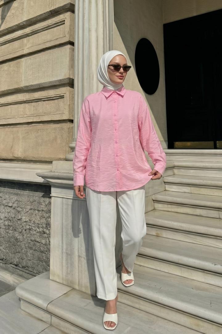 Düğmeli Tesettür Gömlek 612137 - PEMBE |  
