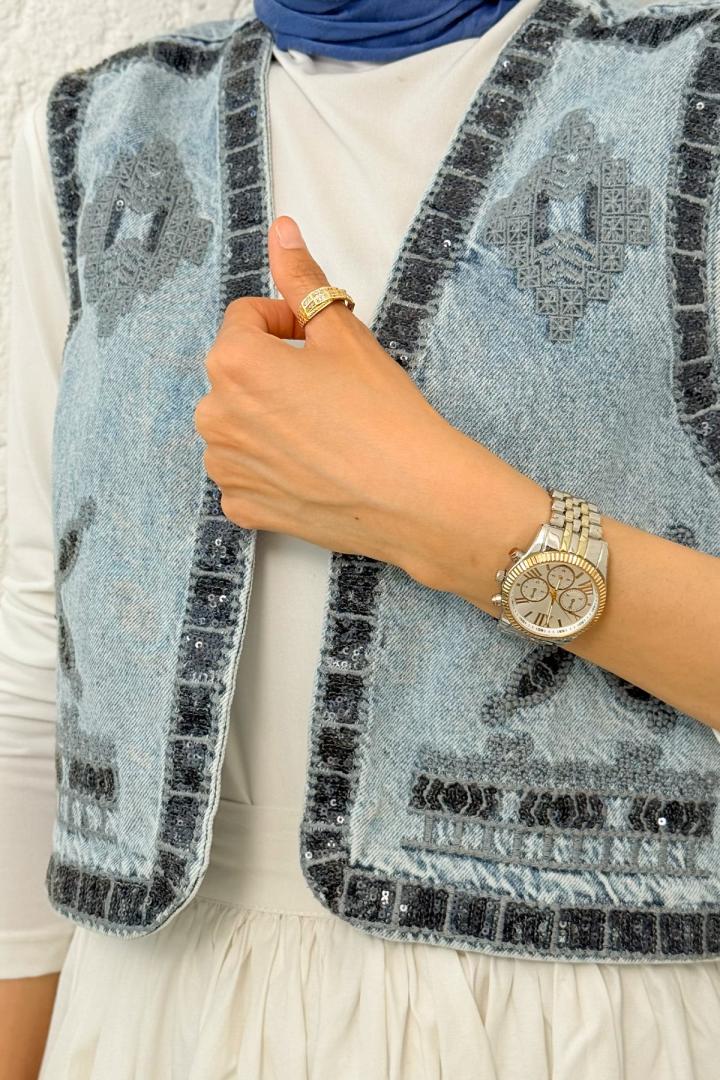 Pul Nakışlı Denim Yelek 92030 - MAVİ | Salih Çelebi 
