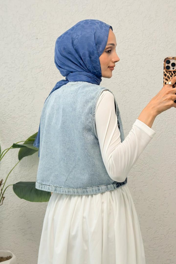 Pul Nakışlı Denim Yelek 92030 - MAVİ | Salih Çelebi 