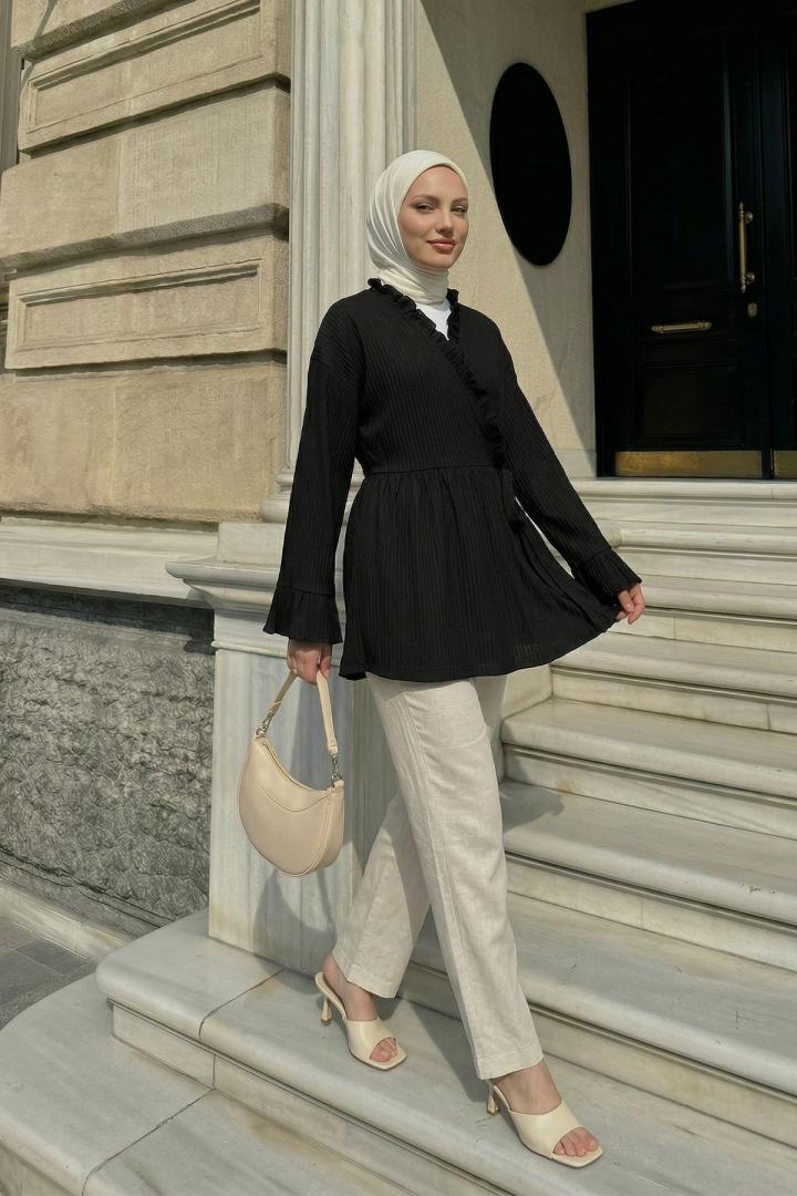 Çapraz Bağlamalı Kimono Y0128 - SİYAH |  