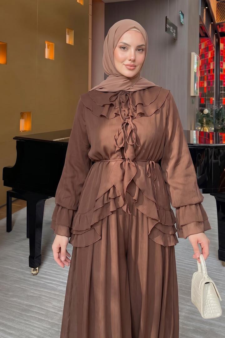 Fırfırlı Premium Şifon Takım 266031 - TABA | Salih Çelebi 