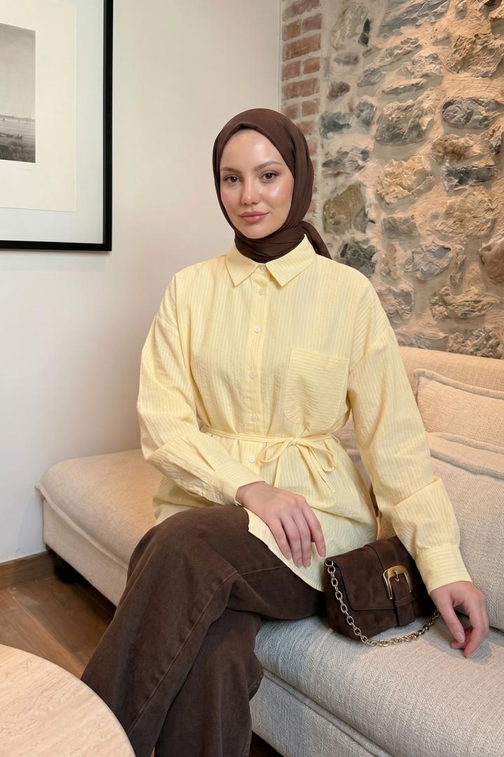 Modal Kumaş Çizgili Gömlek Y0139 - SARI |  