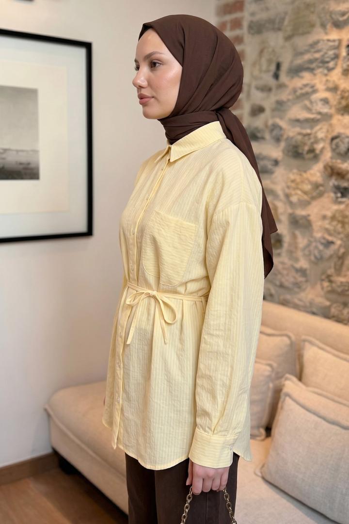 Modal Kumaş Çizgili Gömlek Y0139 - SARI |  