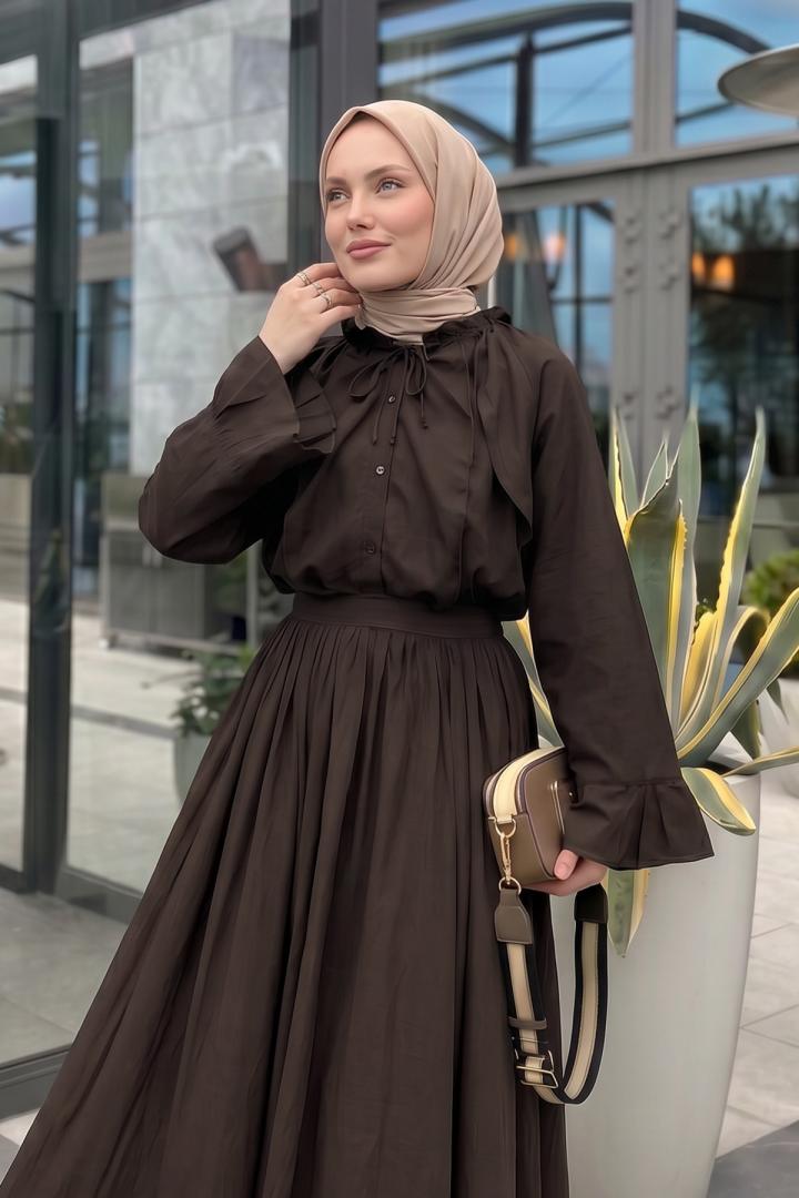 Kloş Etekli Keten Takım 9357335 - KOYU KAHVE | Salih Çelebi 