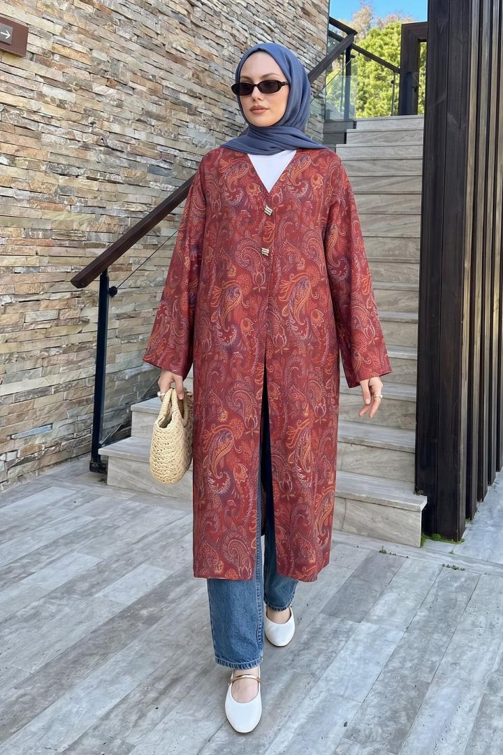 Şal Desen Düğmeli Kimono Y0127 - BORDO |  