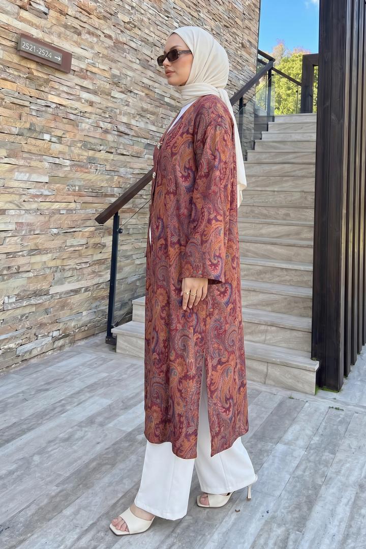 Şal Desen Düğmeli Kimono Y0127 - MÜRDÜM |  